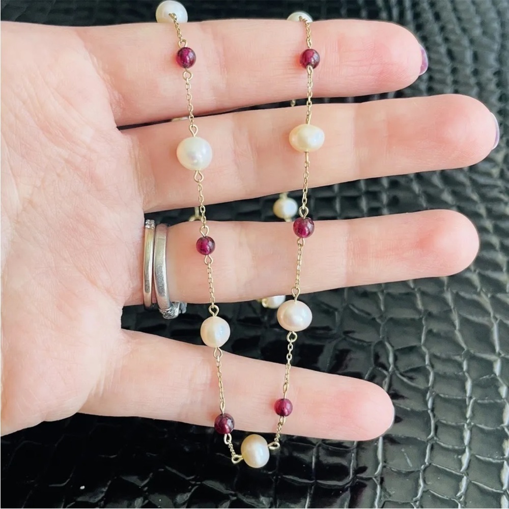 10k Gold Jacmel Mauritius Pearl & Garnet Bead Chain Necklace JCM